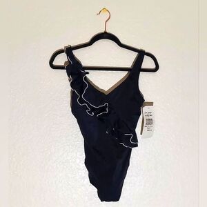 Bill Blass Swim Vintage Black/White Ruffle One Piece Bathing Suit WM Size 12 NWT